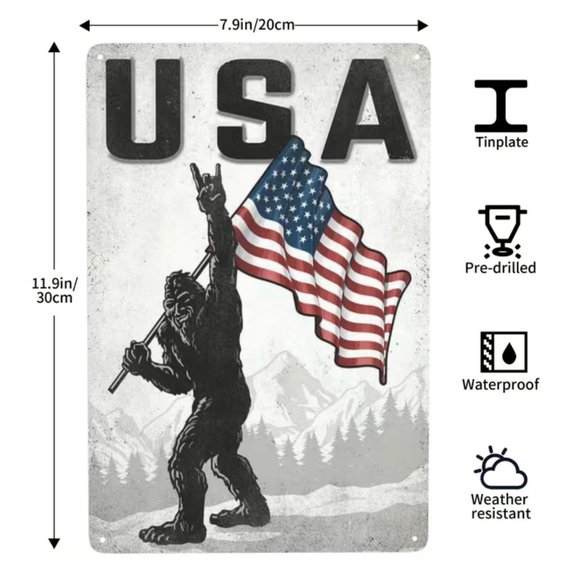 Bigfoot Holding USA Flag giving a Hand Sign, Metal Sign #2 - Picture 2 of 4
